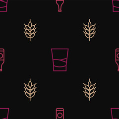 Set line Beer bottle, Hop and Glass of vodka on seamless pattern. Vector