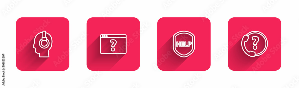 Poster set line support operator in touch, browser with question mark, shield text help and telephone 24 ho