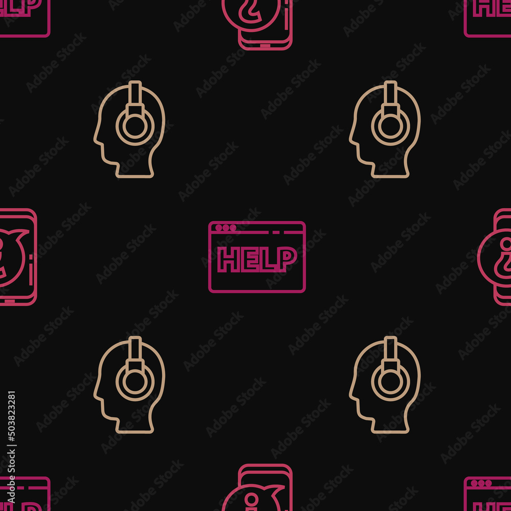 Poster set line mobile phone with question, support operator in touch and browser help on seamless pattern.