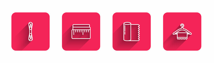 Set line Yarn, Tape measure, Textile fabric roll and Hanger wardrobe with long shadow. Red square button. Vector