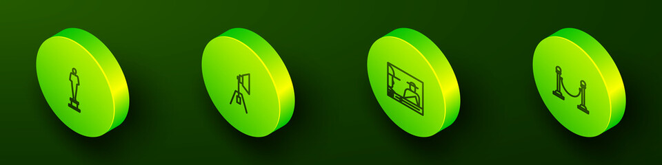 Set Isometric line Movie trophy, spotlight, Online play video and Rope barrier icon. Vector