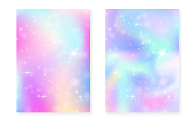 Rainbow background with kawaii princess gradient. Magic unicorn hologram. © Holo Art