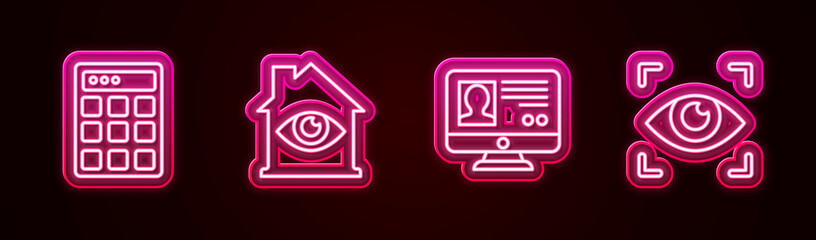 Set line Password protection, House with eye scan, Create account screen and Eye. Glowing neon icon. Vector
