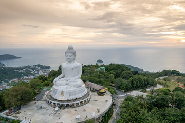 Fototapeta na wymiar Big buddha Phuket Aerial view Cloudy Sunseet Thailand