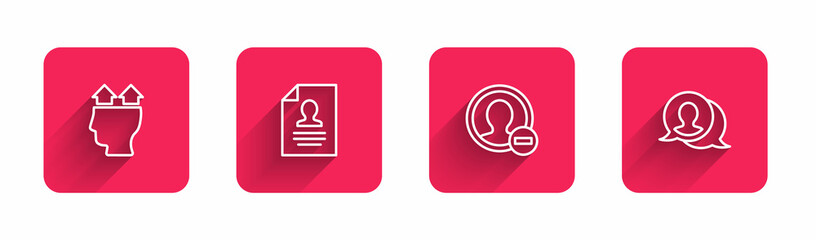 Set line User of man, Resume, Create account screen and Speech bubble chat with long shadow. Red square button. Vector