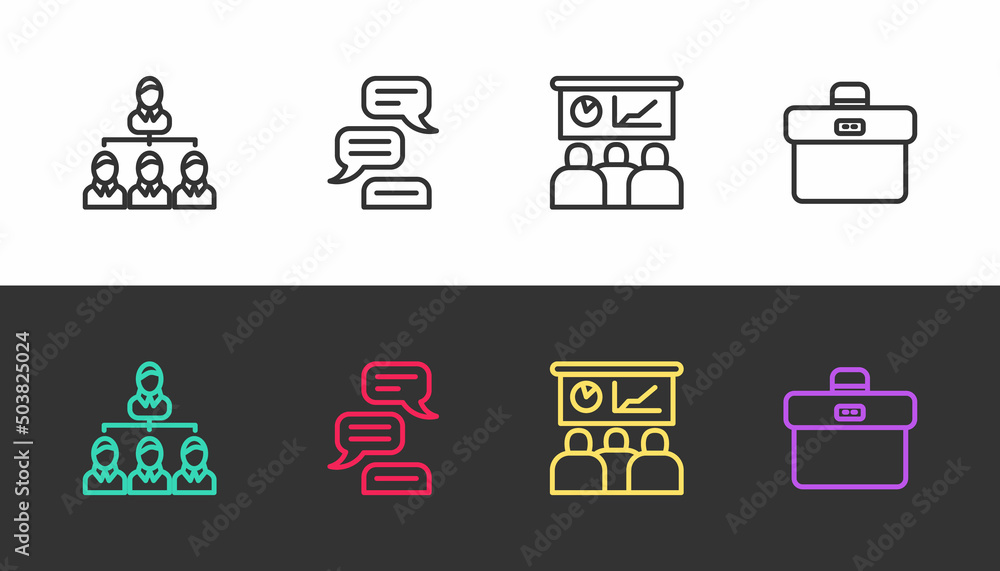 Poster set line hierarchy organogram chart, speech bubble chat, training, presentation and briefcase on bla