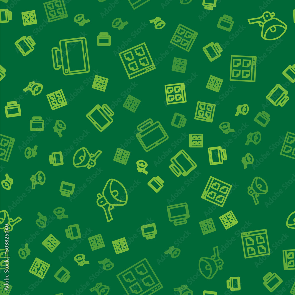 Poster set line computer monitor, megaphone and browser files on seamless pattern. vector