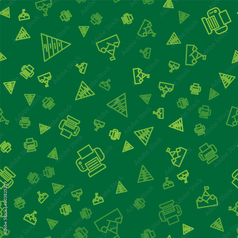 Poster set line pyramid chart infographics, printer and mountains with flag on seamless pattern. vector