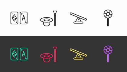 Set line Tarot cards, Magic hat and wand, Seesaw and Lollipop on black and white. Vector