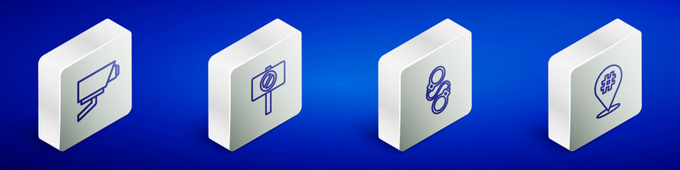 Set Isometric line Security camera, Protest, Handcuffs and icon. Vector