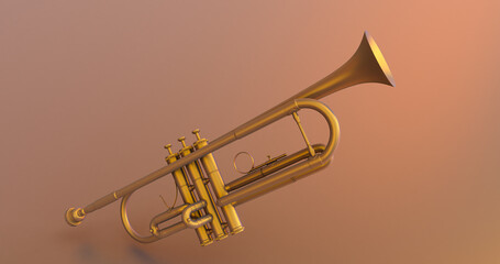 Naklejka na ściany i meble gold trumpet isolated on colord background, 3d rendering, realistic trumpet