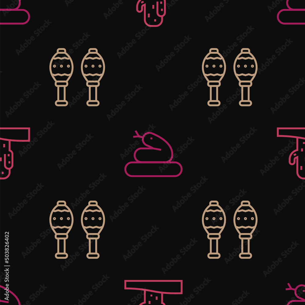 Poster set line cactus, maracas and snake on seamless pattern. vector