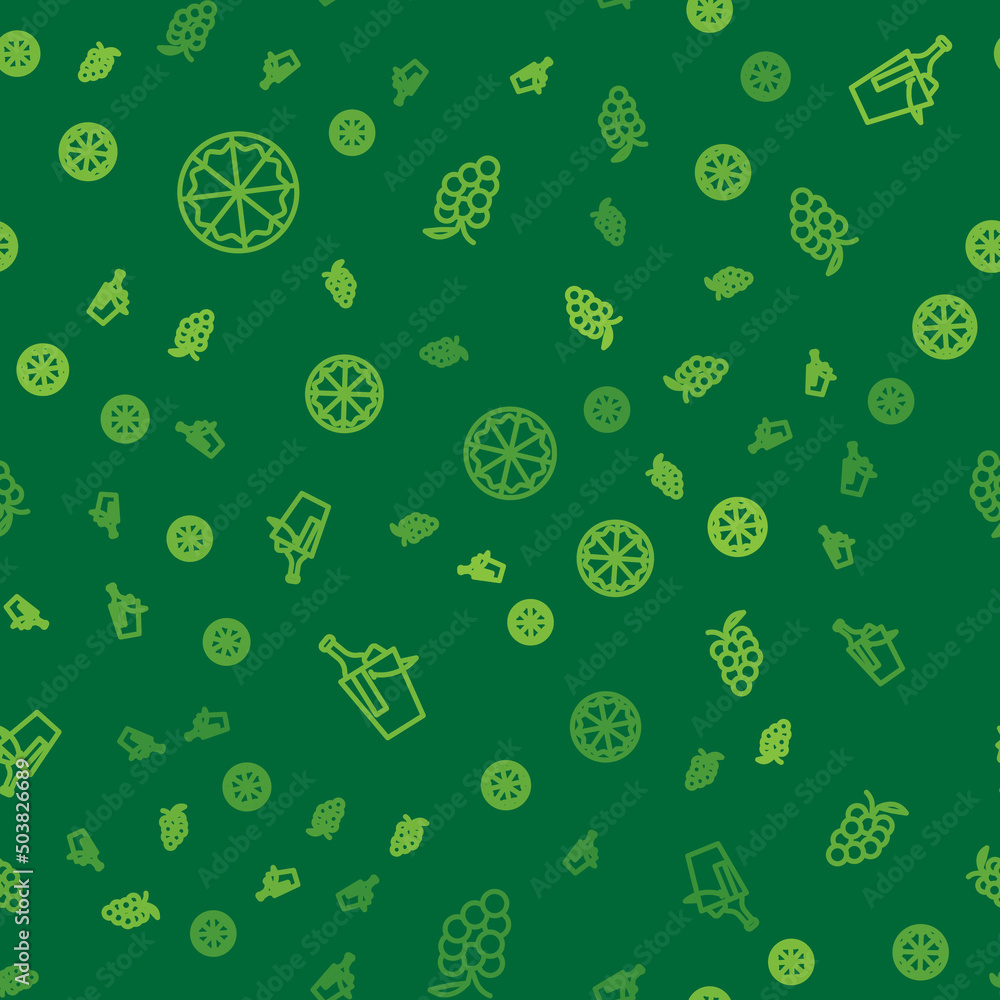 Poster set line pizza, bottle of wine in bucket and grape fruit on seamless pattern. vector