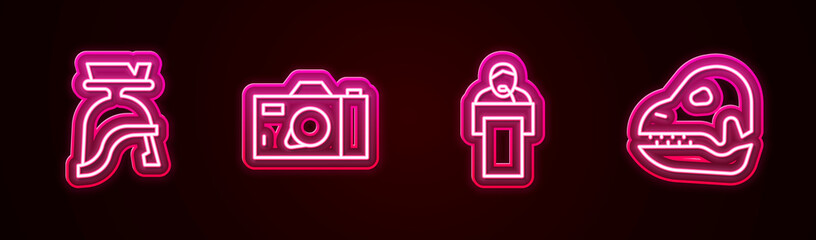 Set line Roman army helmet, Photo camera, Gives lecture and Dinosaur skull. Glowing neon icon. Vector