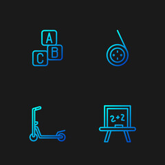Set line Chalkboard, Scooter, ABC blocks and Yoyo toy. Gradient color icons. Vector