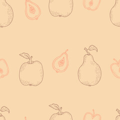 Seamless pattern with fruits. Apple and pear, whole under and cut halves on light orange background. Vector illustration. Line drawing in hand drawn doodle for design, decor, wallpaper and packaging