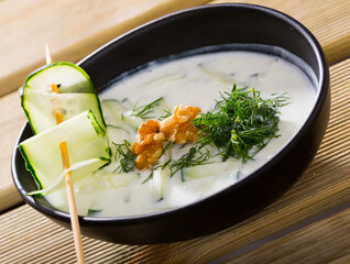 National Macedonian dish Tarator - cold soup from yoghurt and cucumbers