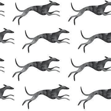 Seamless repeatable pattern of stylized running dog silhouette. Hand painted watercolour drawing. Creative background for design, wallpaper, textile print, card, wrapping paper, pet supplies package.