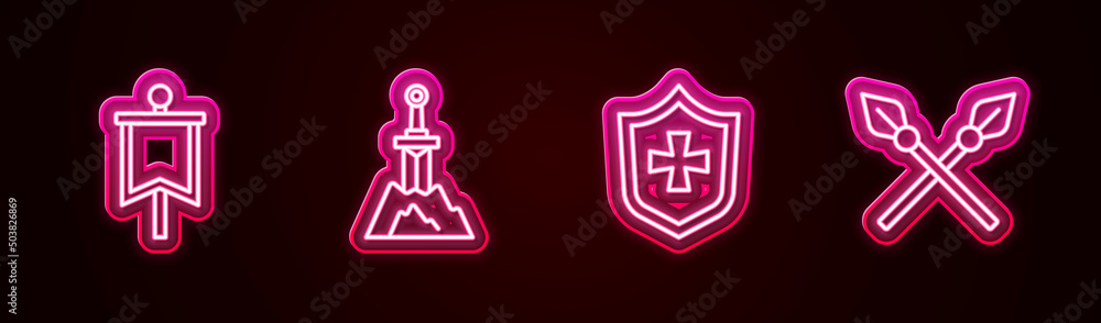 Sticker Set line Medieval flag, Sword in the stone, Shield and Crossed medieval spears. Glowing neon icon. Vector