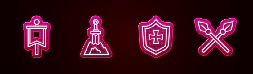 Obraz premium Set line Medieval flag, Sword in the stone, Shield and Crossed medieval spears. Glowing neon icon. Vector