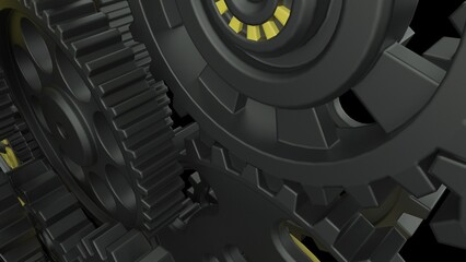 Mechanism black-yellow metallic gears and cogs at work under green spot lighting background. Industrial machinery. 3D illustration. 3D high quality rendering. 3D CG.