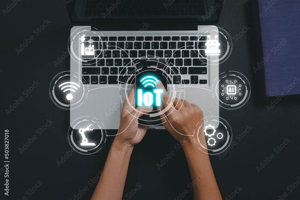Poster iot internet of things, person hand using smart phone with vr screen internet of things icon backgro