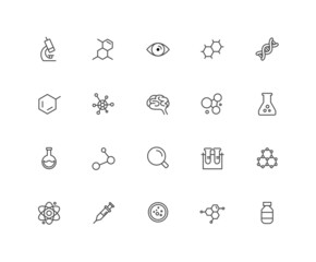 Collection of science linear icons and color icons. microbiology, chemical, element, medicine, technology. Set of flat, line symbols drawn with thin contour lines. Vector illustration.