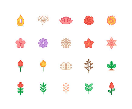 Collection of Flower color icons. Set of Rose and calla symbols drawn with thin contour lines. floral icon Vector illustration.