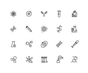 Collection of Scientific linear icons. Science, Life Science, Cells, microorganism, technology. Set of discovery, Medicine symbols drawn with thin contour lines.