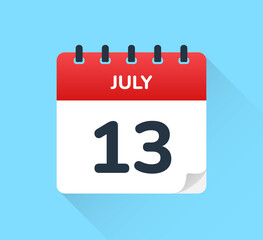 July 13 - Calendar page icon. Date and month concept