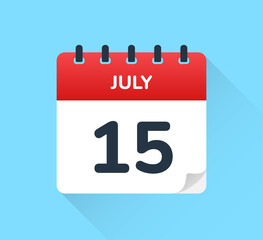 15 July - Calendar icon vector isolated on blue background.