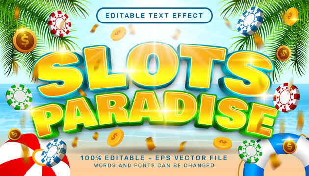 slot paradise 3d editable text effect with chip illustration and sea landscape background
