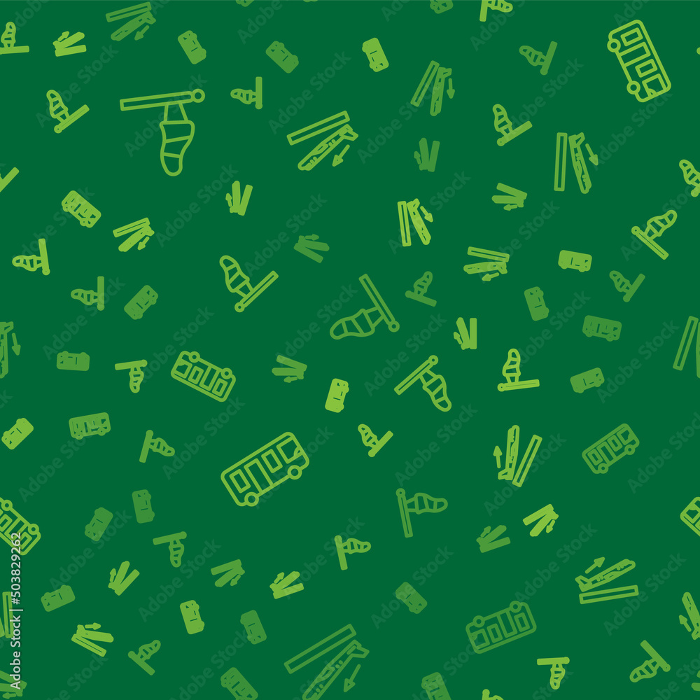 Poster set line cone meteorology windsock, airport bus and plane takeoff on seamless pattern. vector