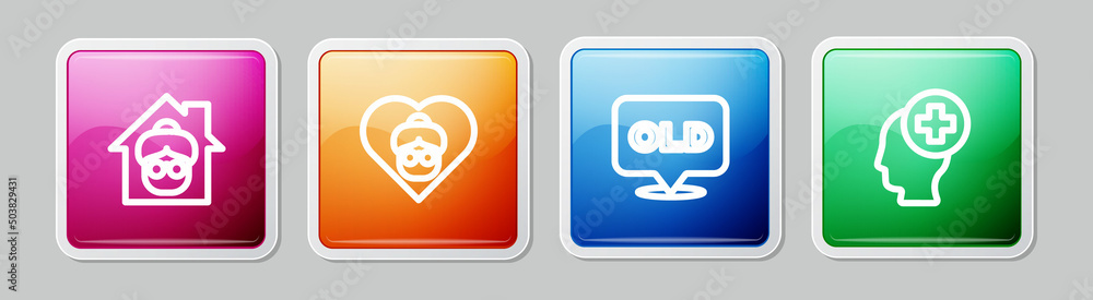 Poster Set line Nursing home, Grandmother, and Male head with hospital. Colorful square button. Vector