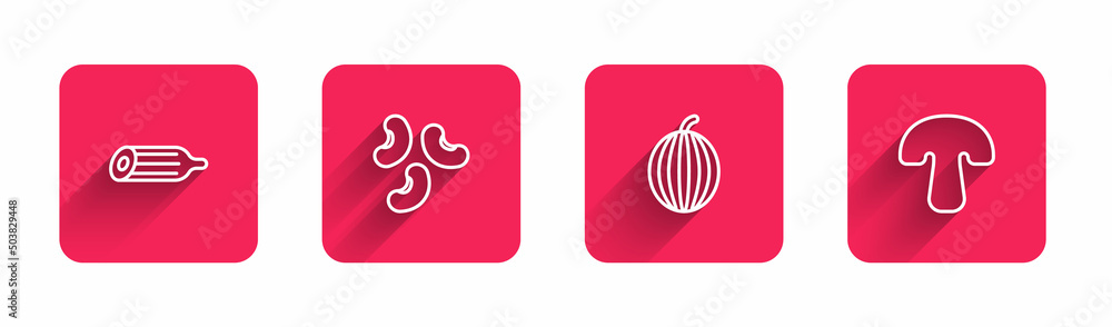 Poster set line fresh cucumber, beans, watermelon and mushroom with long shadow. red square button. vector