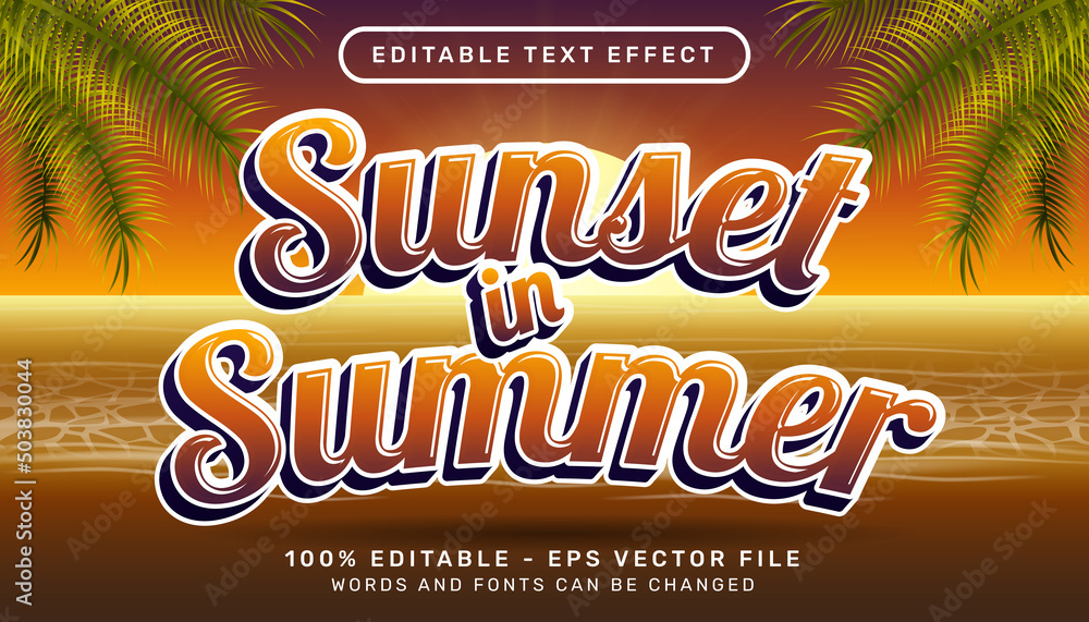 Poster sunset in summer retro color 3d editable text effect and sunset in sea landscape background