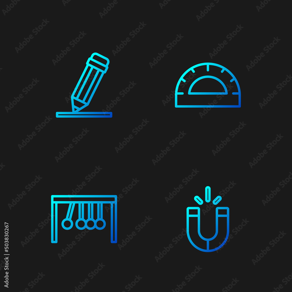 Aufkleber set line magnet, pendulum, pencil with eraser and protractor grid. gradient color icons. vector
