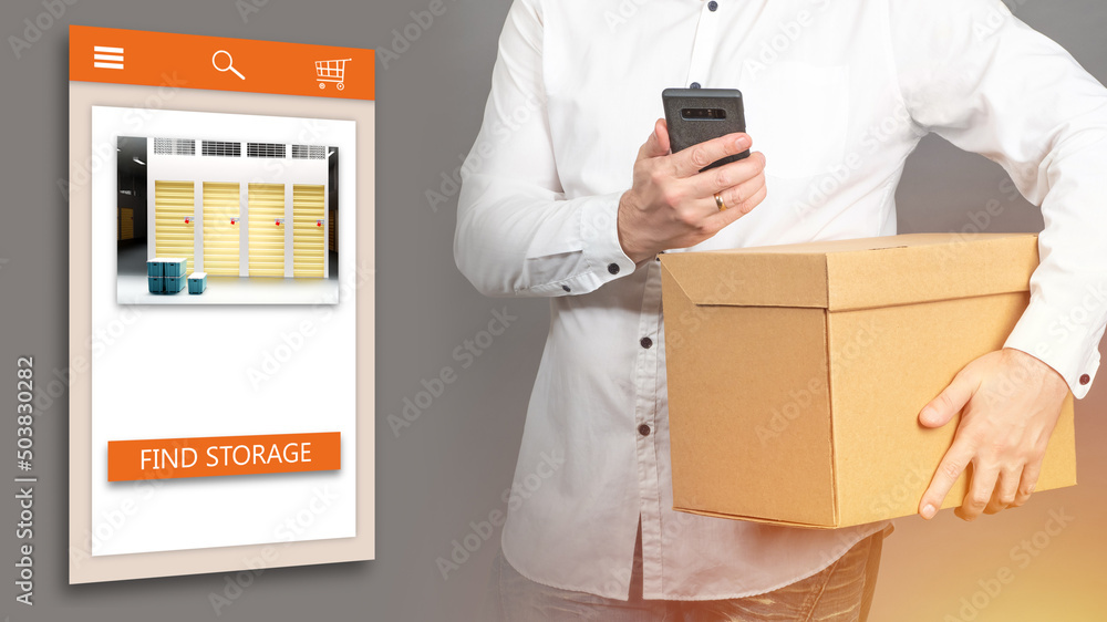 Poster rent warehouse now. mobile application for self-rental of storage. a man with a box and a smartphone