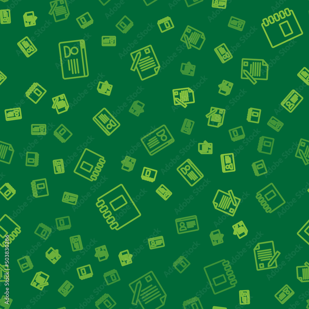 Poster set line online class, spiral notebook and exam sheet and pencil on seamless pattern. vector