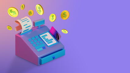 Cash register with a credit card and coins. Cash register with a receipt on a lilac background with a place for text. Modern device using electronic payment by card with check and gold coin. 3d image - obrazy, fototapety, plakaty