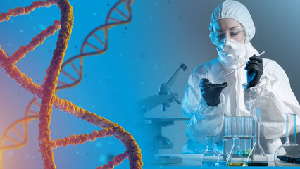 Genetic engineering. Female scientist works against the background of DNA chains. Genetics science....