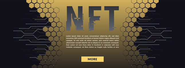 NFT concept, blockchain technology, cryptocurrency. Non-fungible token Work. Futuristic background, with elements in techno style microchips. Banner template design for web. Copyspace.