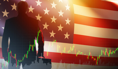 American business. US investments. USA trading, American stock exchange. Businessman stands with...