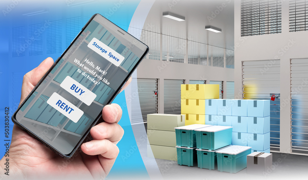 Poster application for buying or renting a storage space. smartphone with program for selecting storage are