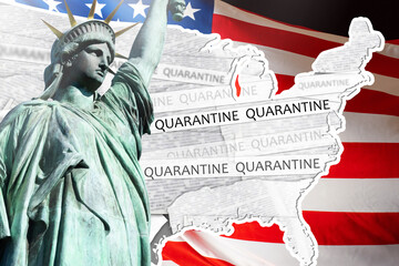 Quarantine in the USA. Barrier tapes on the map of America. Statue of Liberty close-up. Coronavirus...