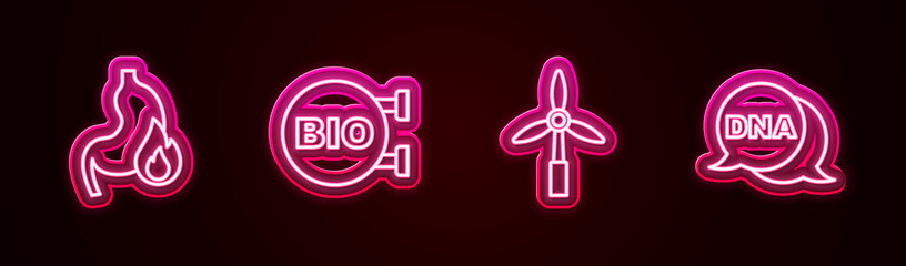 Set line Stomach heartburn, Bio healthy food, Wind turbine and DNA symbol. Glowing neon icon. Vector
