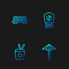 Set line Japanese umbrella from the sun, Noodles in box and chopsticks, Sushi on cutting board and Chinese paper lantern. Gradient color icons. Vector