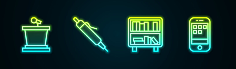 Set line Stage stand, Pen, Shelf with books and Smartphone. Glowing neon icon. Vector