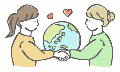 地球と握手をする女性イラスト#1