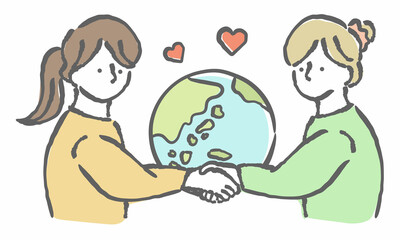 地球と握手をする女性イラスト#2